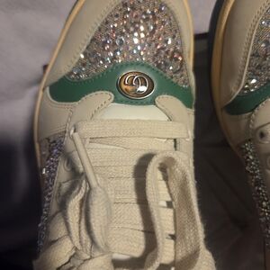 GUCC8 Beige and Green Sneakers with Rhinestones